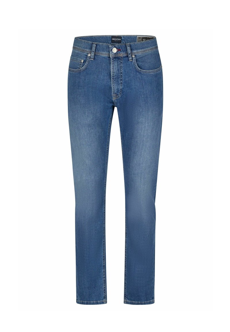 Blauwe spijkerbroek met een slim fit ontwerp, rechte pijpen en een gemiddelde taillehoogte. Bevat vijf zakken en contrasterende stiksels.