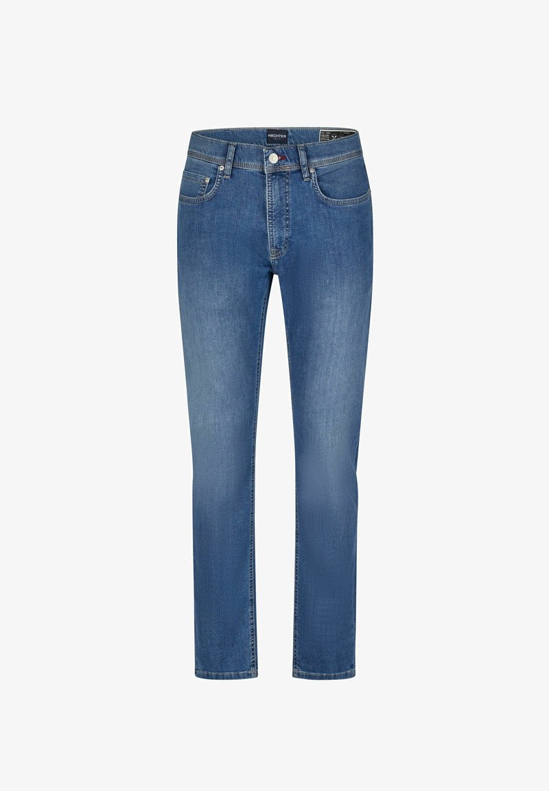 Blauwe spijkerbroek met een slim fit ontwerp, rechte pijpen en een gemiddelde taillehoogte. Bevat vijf zakken en contrasterende stiksels.