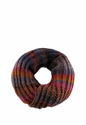 Multicolored knitted infinity scarf with ribbed texture featuring shades of brown, orange, pink, blue, and gray, arranged in horizontal stripes.