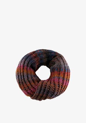 Multicolored knitted infinity scarf with ribbed texture featuring shades of brown, orange, pink, blue, and gray, arranged in horizontal stripes.
