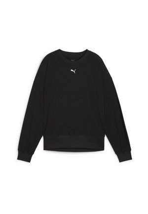 Czarna bluza Puma z długim rękawem, okrągłym dekoltem i małym białym logo Puma na środku klatki piersiowej, prezentowana na białym tle.