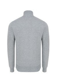 Szary sweter z wysokim kołnierzem, długimi rękawami i prążkowanymi mankietami. Miękka tekstura, prosty design, jednolity kolor bez wzorów czy akcentów.