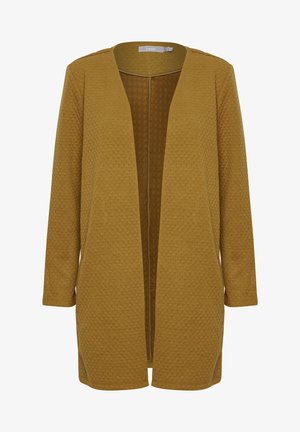 Cardigan long jaune moutarde avec un motif texturé, design à plein front et manches longues. Doublure intérieure lisse. Sans fermetures.