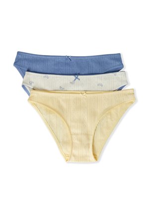 Trois culottes en coton pour femmes empilées, en bleu, crème avec de petits oiseaux et jaune, chacune avec un petit nœud assorti au centre de la taille.