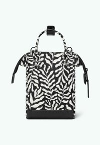 Black and white patterned handbag featuring a leaf design, fabric material, dual top handles, and a zippered closure. Textured black base.