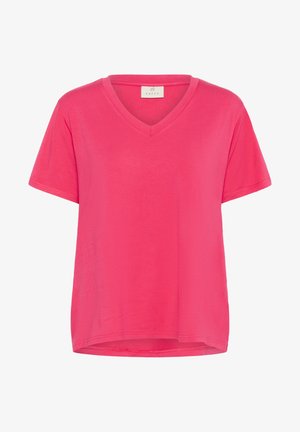 Roosa V-kaelusega t-särk, mis on valmistatud pehmest ja kergest kangast, lühikeste varrukatega ja lõdvaist lõikega; sellel on kaardus hem ja tagasihoidlikud õmbluse detailid.