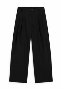 Pantalons larges noirs en tissu avec une texture lisse. Présentent des plis, une fermeture à bouton et un ourlet droit et net.