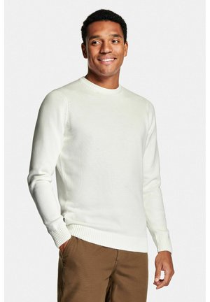 Light cream knitted sweater with a ribbed crew neckline and cuffs, featuring a fitted silhouette. Pair of brown pants completes the look.