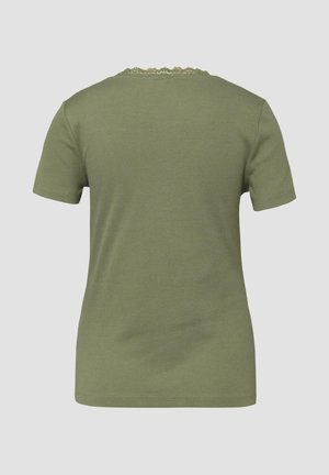 T-shirt manches courtes vert olive avec détail en dentelle au niveau du col, présenté de dos sur un fond clair uni.
