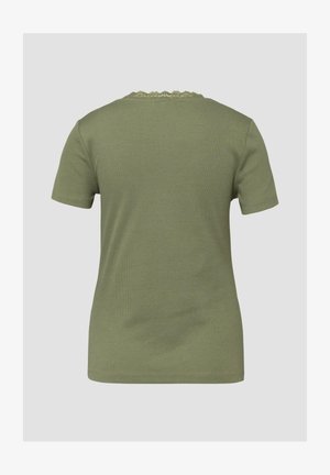 T-shirt manches courtes vert olive avec détail en dentelle au niveau du col, présenté de dos sur un fond clair uni.