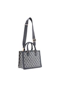 Graue Handtasche mit floralem Muster, ausgestattet mit zwei oberen Griffen und einem abnehmbaren Schultergurt. Goldene Hardware-Akzente ergänzen das Design.