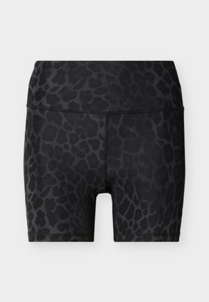 High-waist black biker shorts with dark grey leopard print pattern and visible stitching on a plain light background.