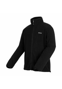 Veste polaire noire à fermeture éclair intégrale avec col montant et poignets élastiques, avec petit logo blanc « Regatta Great Outdoors » sur la poitrine.