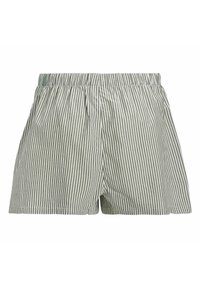 Shorts rayés verts et blancs en tissu léger, dotés d'une taille élastique et d'un design décontracté.