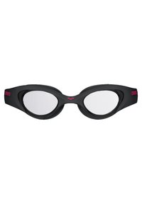 Gafas de natación negras con lentes transparentes, que cuentan con un marco de goma suave y acentos de logo rosa a los lados. Diseño aerodinámico para un mejor rendimiento.