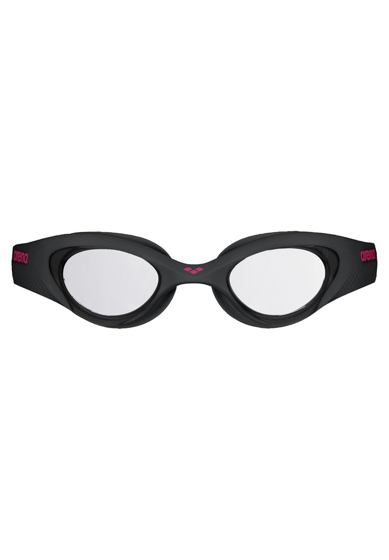 Gafas de natación negras con lentes transparentes, que cuentan con un marco de goma suave y acentos de logo rosa a los lados. Diseño aerodinámico para un mejor rendimiento.