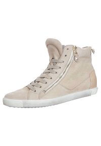 Beige suede high-top sneaker with a side zipper, lace-up design, and textured rubber sole. Features gold hardware accents.