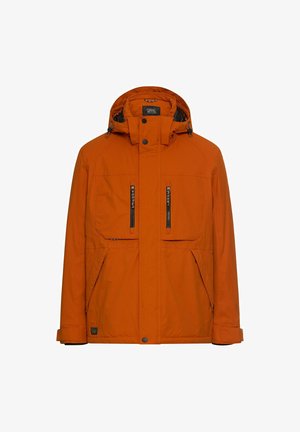 Orangene wasserdichte Jacke mit Kapuze, zwei vorderen Reißverschlusstaschen und einem Reißverschluss. Besitzt einen strukturierten Stoff und verstellbare Bündchen.