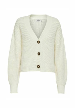 Kremfarvet strikket cardigan med lange ærmer, V-hals og tre store brune knapper foran.