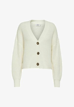 Kremfarget strikket cardigan med lange ermer, V-hals og tre store brune knapper foran.