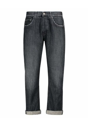 Jean en denim gris foncé avec revers retroussés, fermeture à bouton et zip à l'avant, design cinq poches.