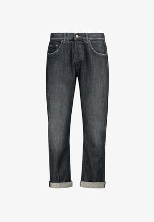 Jean en denim gris foncé avec revers retroussés, fermeture à bouton et zip à l'avant, design cinq poches.