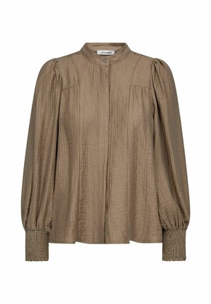 Pruun pika varrukaga pluus punnitud õlgadega, soonikkoes varrukaäärtega, ümmarguse kaelusega ja ühe nupuga kinnitusega krae juures.