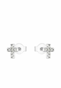Orecchini a croce in tono argento con gemme trasparenti, caratterizzati da una superficie lucida e una chiusura a perno sicura. Design compatto ideale per un uso quotidiano.