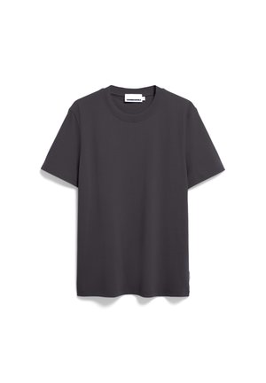 Dark gray short-sleeve t-shirt made of soft fabric. Features a round neck and a straight cut, with a small logo detail at the hem.