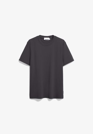 Dark gray short-sleeve t-shirt made of soft fabric. Features a round neck and a straight cut, with a small logo detail at the hem.