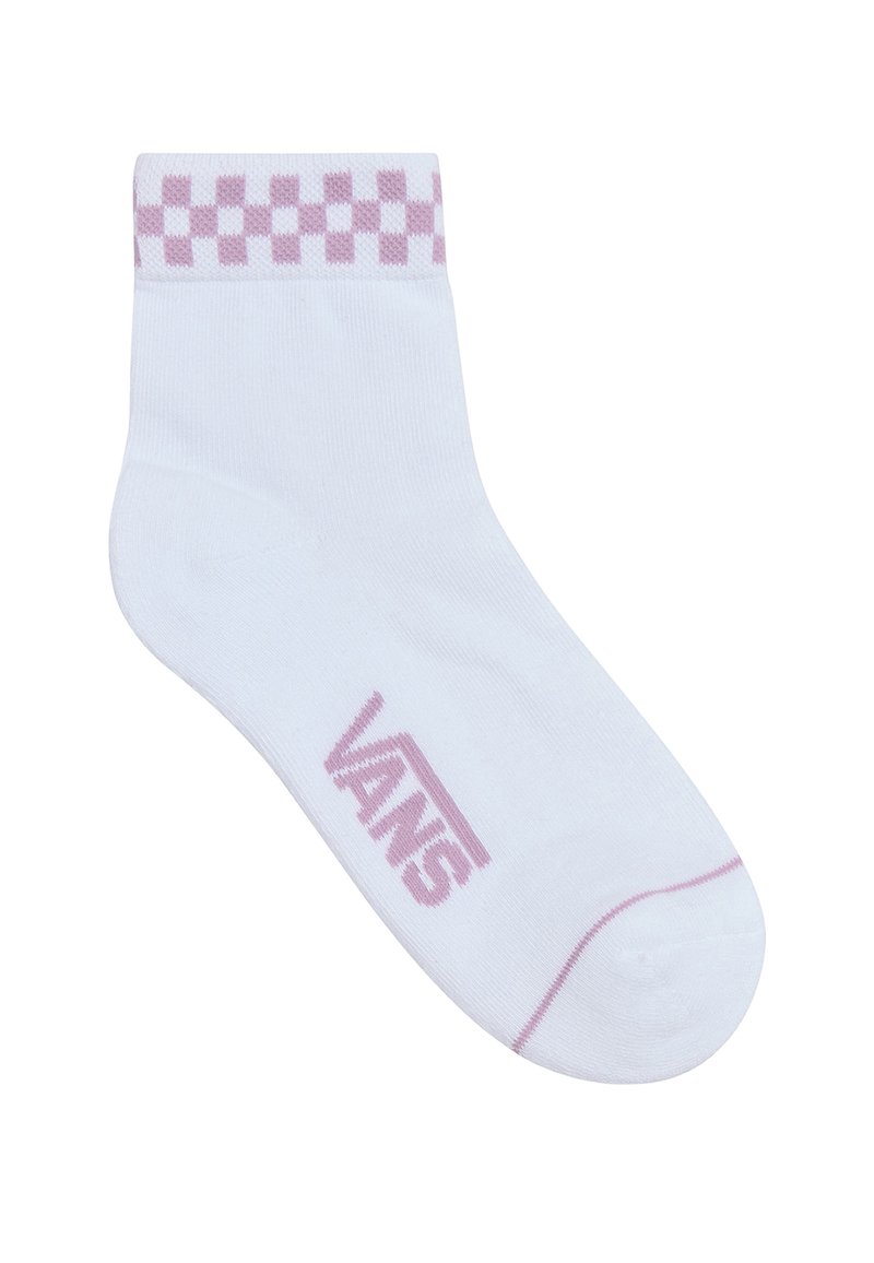 Biała skarpetka za kostkę z różowym wzorem w kratkę na mankiecie oraz różowym logo "VANS" z boku. Wykonana z miękkiego, elastycznego materiału.