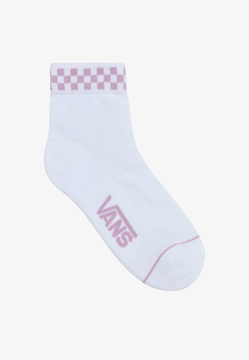 Biała skarpetka za kostkę z różowym wzorem w kratkę na mankiecie oraz różowym logo "VANS" z boku. Wykonana z miękkiego, elastycznego materiału.