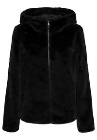 Zwarte nepbont hoodie jacket met een voorrits, inclusief een gevoerde capuchon en een gladde textuur, met lange mouwen en een losse pasvorm.