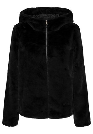 Zwarte nepbont hoodie jacket met een voorrits, inclusief een gevoerde capuchon en een gladde textuur, met lange mouwen en een losse pasvorm.