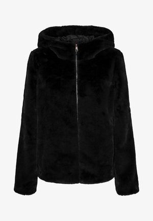 Chaqueta de capucha de piel sintética negra con cremallera delantera, que incluye una capucha forrada y textura suave, con mangas largas y un ajuste relajado.