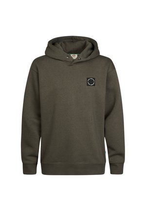 Felpa con cappuccio verde scuro con maniche lunghe e una piccola toppa rotonda con logo sul petto sinistro.