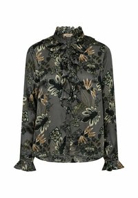 Donkergroen bloemenblouse met gerimpelde kraag en manchetten, lange mouwen en ingewikkelde botanische patronen in tinten beige en olijfgroen.