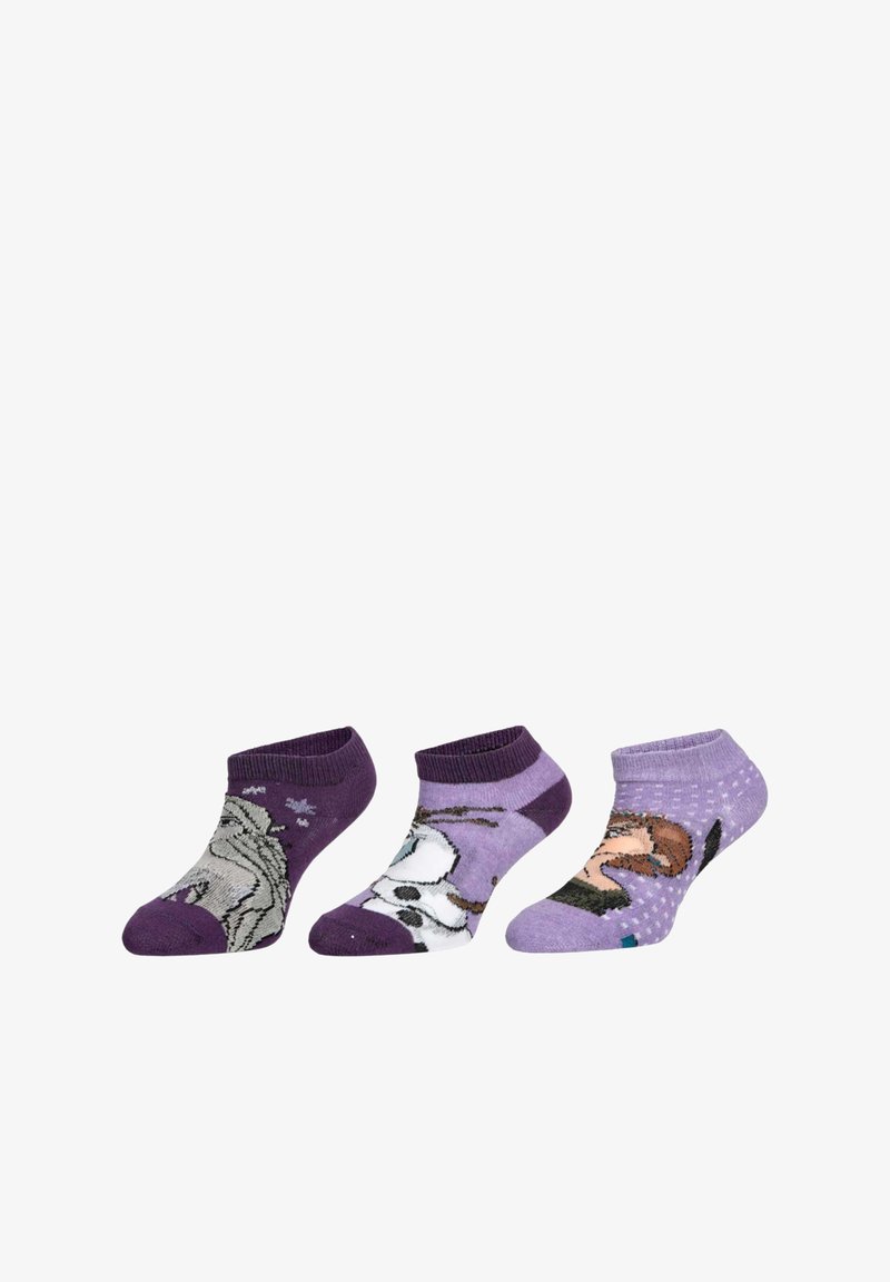 Three pairs of ankle socks in shades of purple. Features include animal graphics, varying patterns, and ribbed cuffs. Soft, stretchy material.