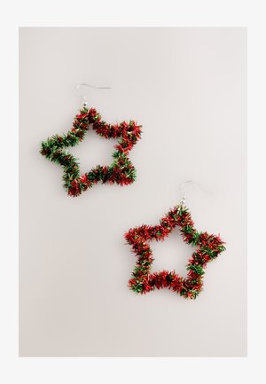 Star-shaped earrings made of red and green tinsel with a metallic hook. Textured surface with a shiny finish. Lightweight design.