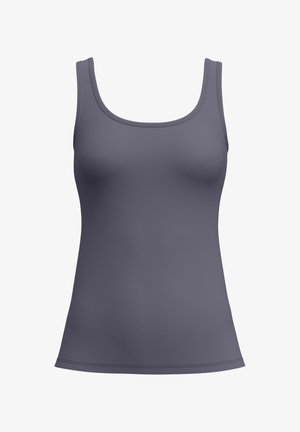 Ärmelloses, tailliertes Tanktop in einfarbigem Dunkelgrau mit rundem Ausschnitt und breiten Schulterträgern.