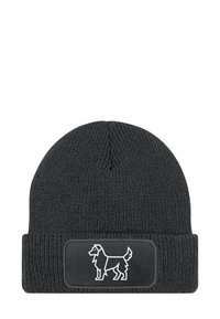 Black knit beanie with a textured finish, featuring a white dog silhouette on a rectangular patch at the front.