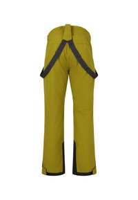 Gele waterdichte wandelbroek met een zwarte onderzoom. Beschikt over verstelbare banden aan de achterkant en een glad, gestructureerd oppervlak.