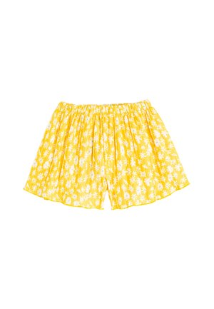 Shorts amarillos con estampado floral y cintura elástica, con un diseño fruncido y patrones de margaritas blancas en toda su superficie. Material suave y ligero.