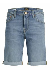 Shorts de mezclilla azul claro con puños doblados, que cuentan con un cierre de botón y detalles de costura visibles. Diseño clásico de 5 bolsillos.
