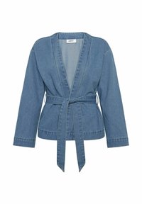 Denim ovitek jopič v svetlo modri barvi, z dolgimi rokavi, pasom na oblačilih in oblikovanim V-izrezom. Gladka tekstura z rahlo raztegljivostjo.