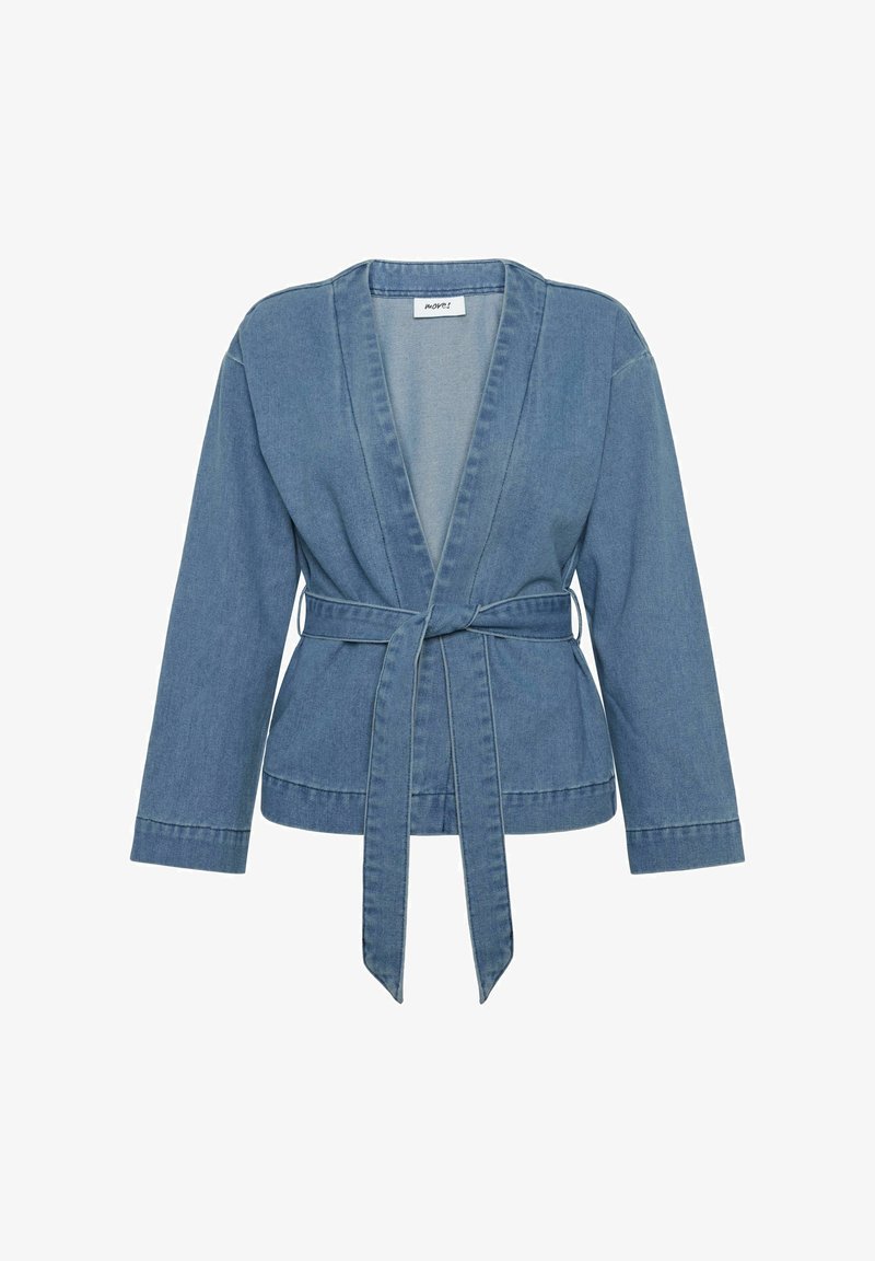 Denim wrap jacket in light blue, featuring long sleeves, a belted waist, and a V-neck design. Smooth texture with slight stretch.