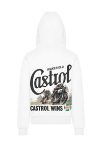 White hoodie featuring a large graphic on the back with "Castrol" logo, motorcycle illustrations, and "CASTROL WINS" text.