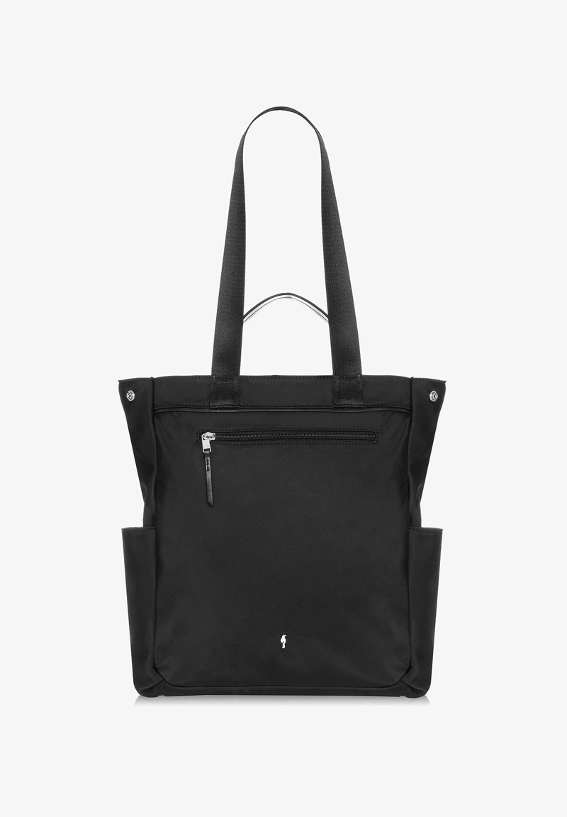 Czarna torba na ramię wykonana z trwałego materiału, z dwoma sześcioma paskami na ramię, przednią kieszenią na zamek oraz kieszeniami wsuwanymi po obu stronach.