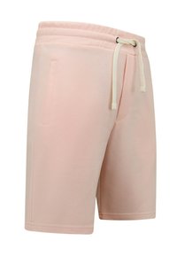 Lichtroze shorts van zacht materiaal, met een elastische tailleband en een trekkoord, en twee zijzakken. Midden boven de dijen.