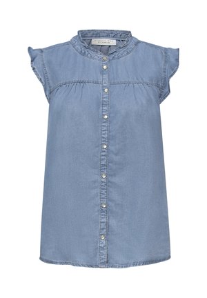 Blusa vaquera sin mangas de color azul claro con botones a presión delanteros y detalle sutil fruncido bajo la canesú.